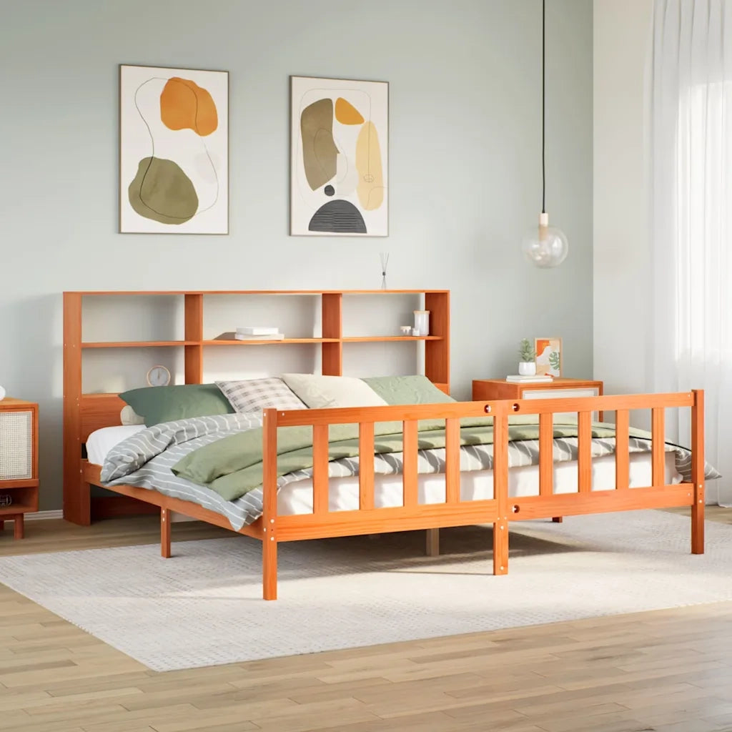 Letto Libreria senza Materasso Marrone Cera 200x200 cm in Pino 3321726