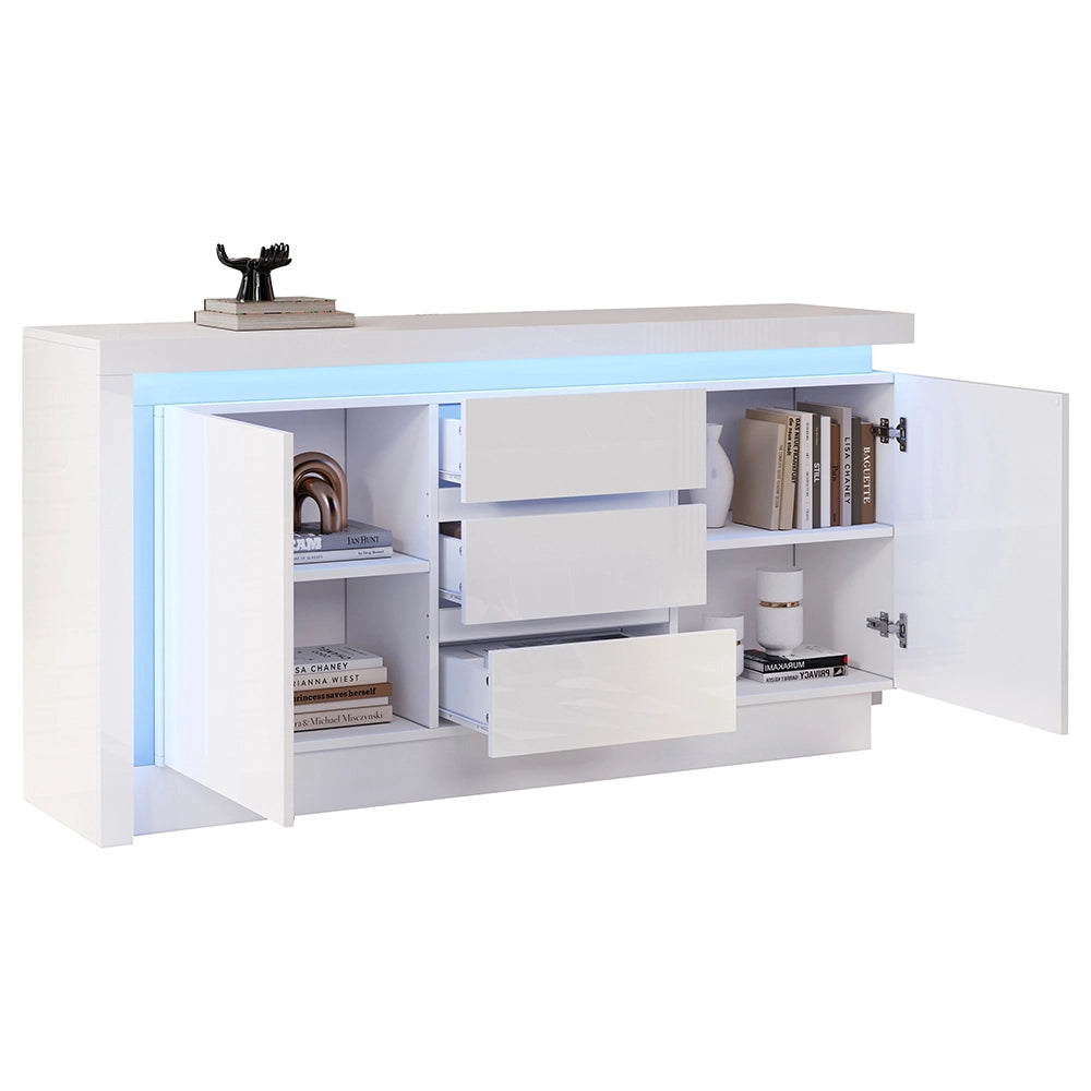 Credenza 140x35x72cm - Xylo - 3 Cassetti e 2 Ante Lucide con LED, Bianco