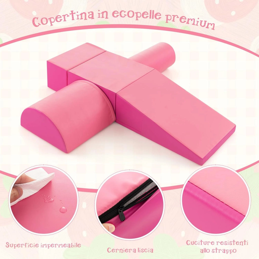 Set di 5 Blocchi con Diverse Forme e Colori, Giocattolo per Arrampicata e Strisciamento, Aiuta i Bambini a Crescere (Rosso e rosa)