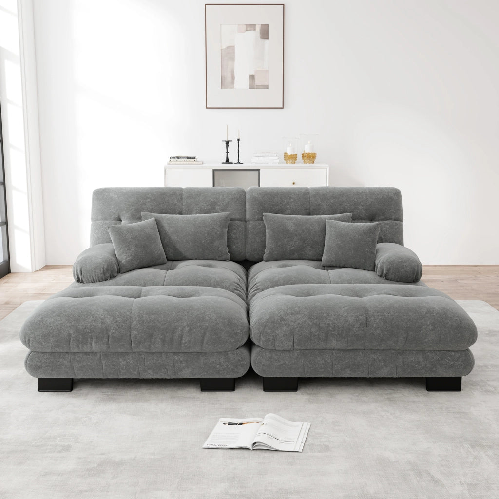Divano modulare cloud con 2 pouf 2 cuscini lombari e 2 cuscini decorativi braccioli ampi in ciniglia grigio