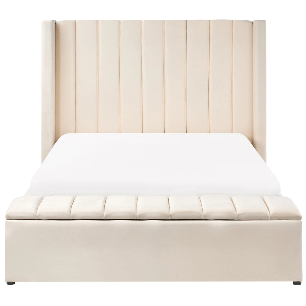 Letto matrimoniale velluto bianco sporco rete a doghe e cassapanca 140 x 200 cm stile moderno glam