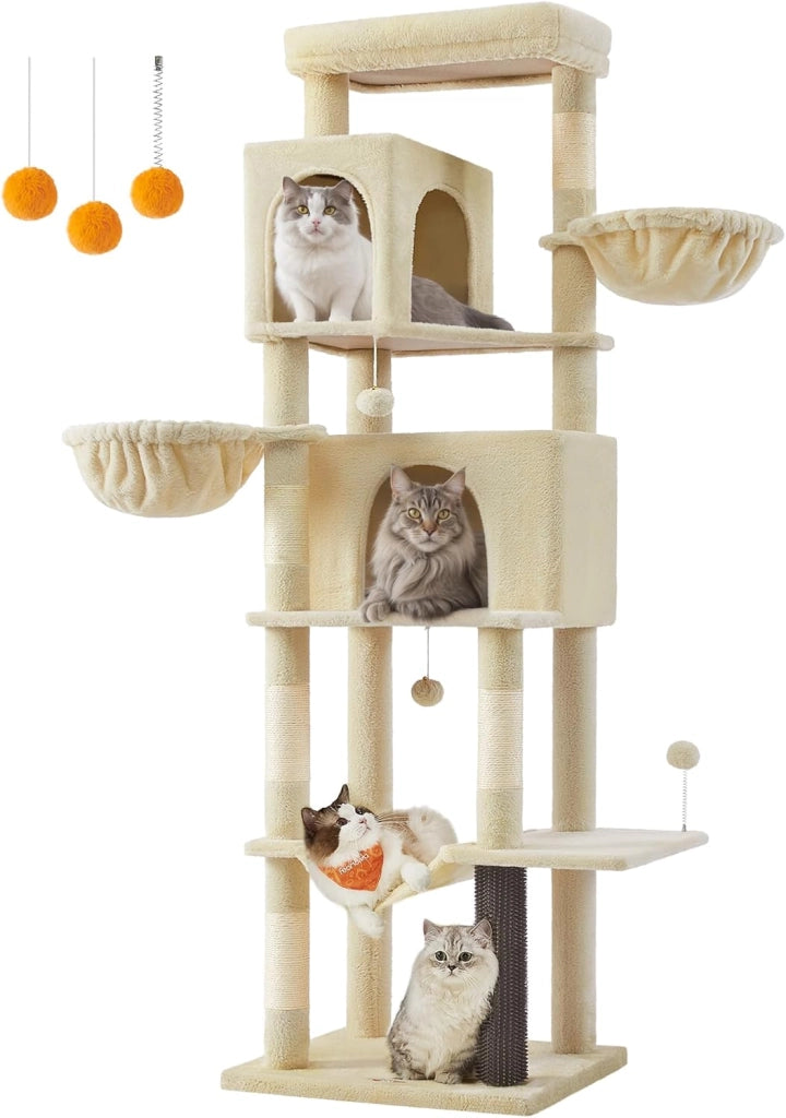 Feandrea Albero per Gatti Grande, Torre Tiragraffi Alto 175 cm, Multilivelli con 2 Grotte, 2 Cestini, 5 Graffiatoi, Autospazzola, Trespolo, Amaca, Beige Sabbia PCT182Y01