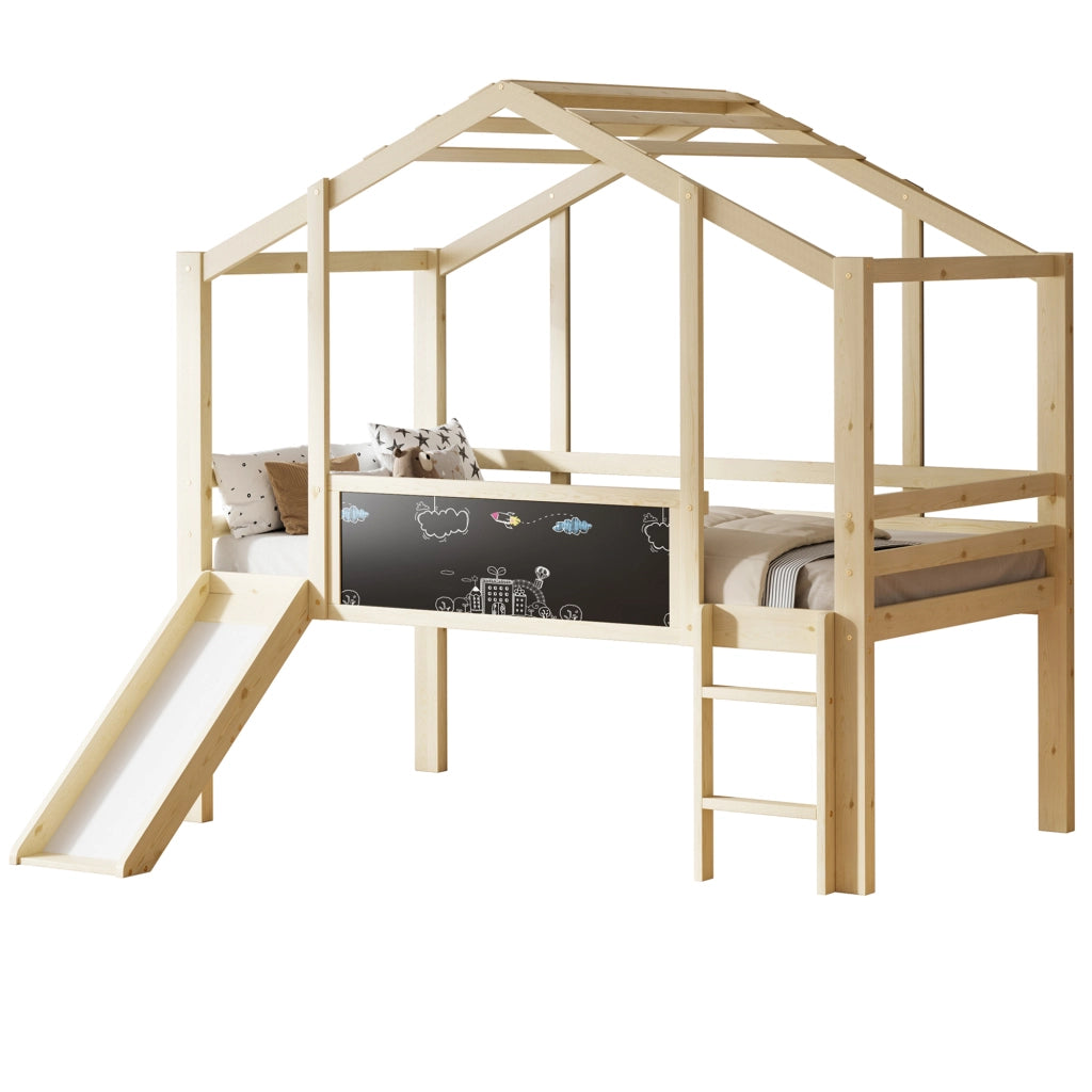 Letto a castello in legno massello naturale con scivolo e lavagna integrata 90x200 cm