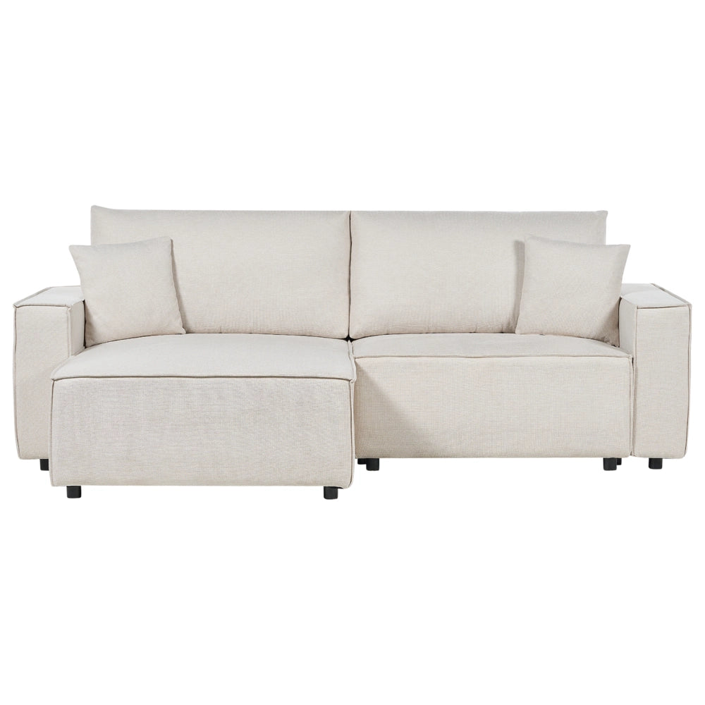 Divano letto angolare a destra Beige Tessuto poliestere imbottito 3 posti a L con cuscini Funzione letto Stile moderno Soggiorno