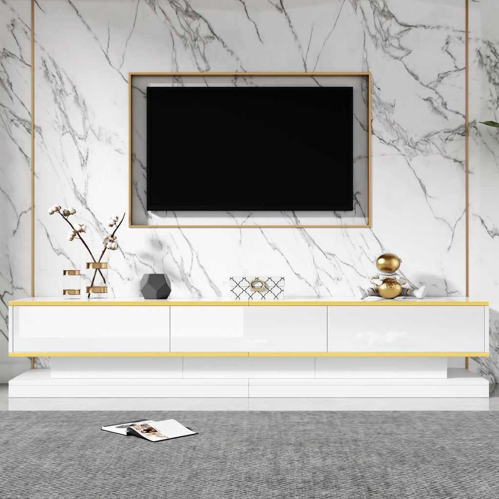 Mobile porta tv 200 cm bianco lucido con 3 cassetti e bordo dorato