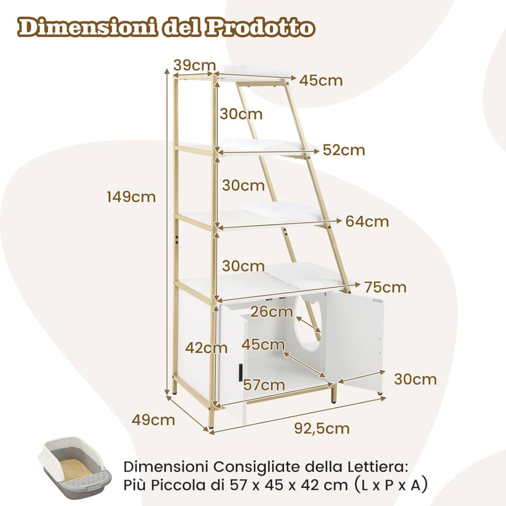 Lettiera per Gatti Salvaspazio, Mobile Nascosto 2 in 1 per Animali Domestici con Scaffale, Tappetini Rimovibili e Entrata a Forma di Testa di Gatto, Armadietto per Gatti per Salotto (Bianco)