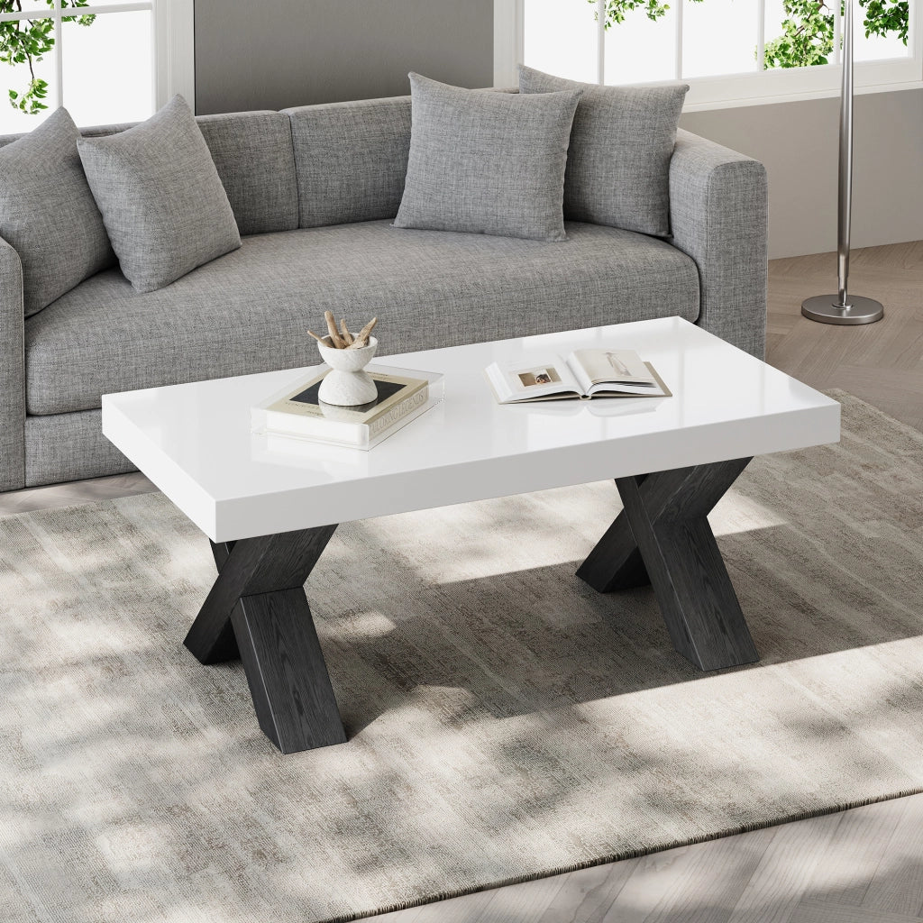 Tavolino da salotto rettangolare con 2 gambe a X; piano laccato lucido; per soggiorno e balcone; MDF bianco nero 100 × 50 × 40 cm
