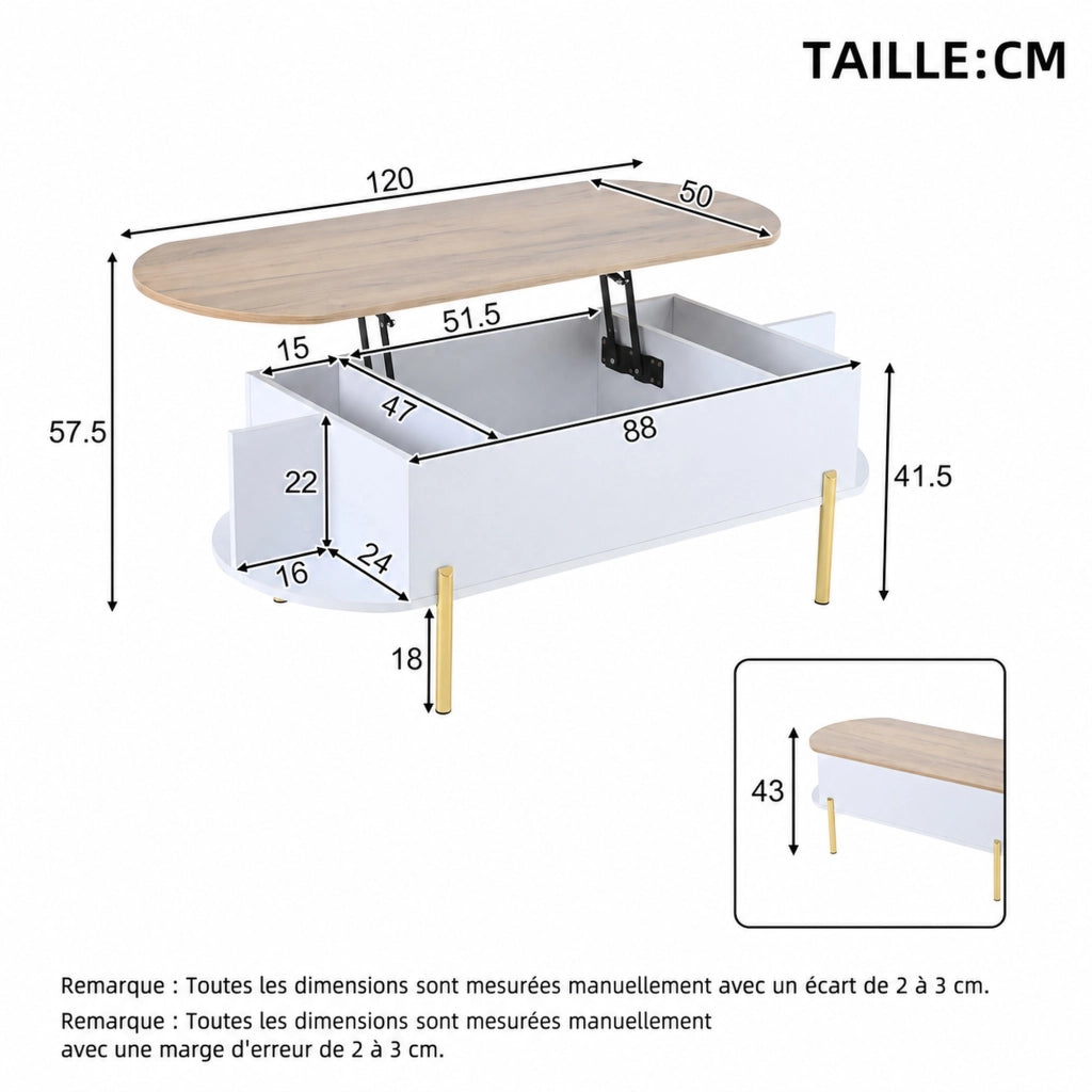TAVOLO DA CAFFÈ 120 x 50 x 43 cm sollevabile MDF bianco effetto legno e oro