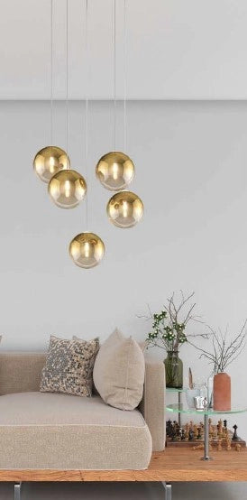 SOSPENSIONE OTTONE SAT. 5 LUCI TONDA VETRI ORO 1184OS-S5 T-OR