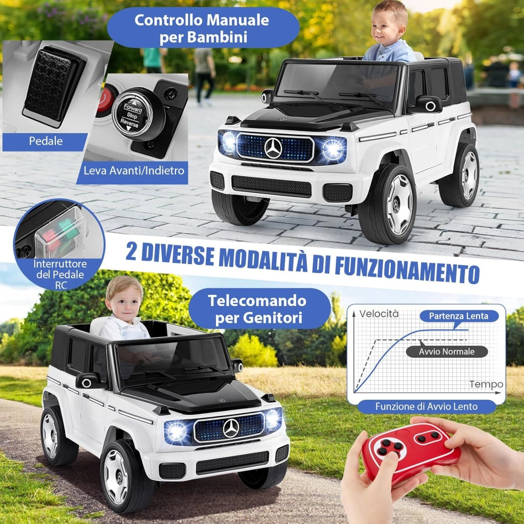 Benz Auto Cavalcabile per Bambini, Veicolo Elettrico 4WD con Telecomando Luci Musica e Clacson, Sospensione a Molla, 3-5 KM/H, per 37-96 Mesi (Bianco)