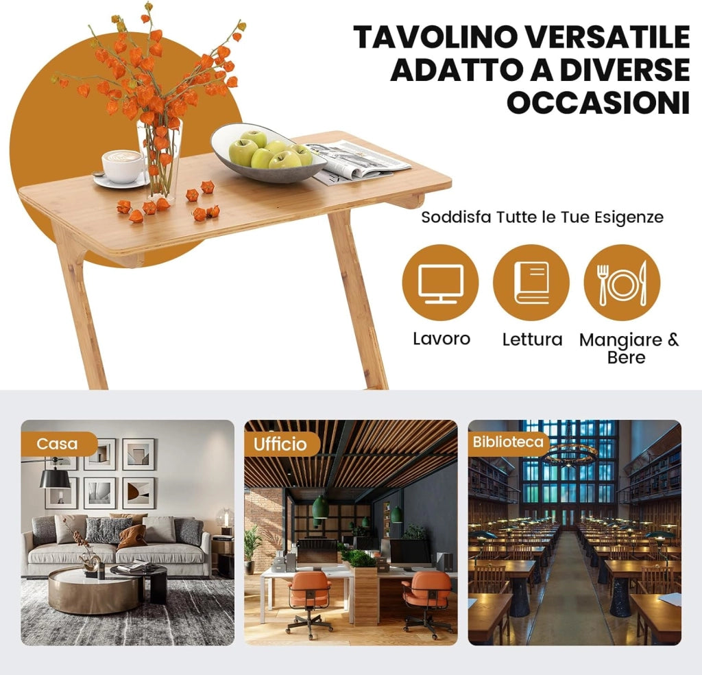 Tavolino Laterale, Tavolino da Divano e Letto in Bambù con Ampio Piano per Laptop, Struttura Stabile, Design Salvaspazio per Camera da Letto, Soggiorno, Studio, 75 x 40 x 70 cm (Naturale)