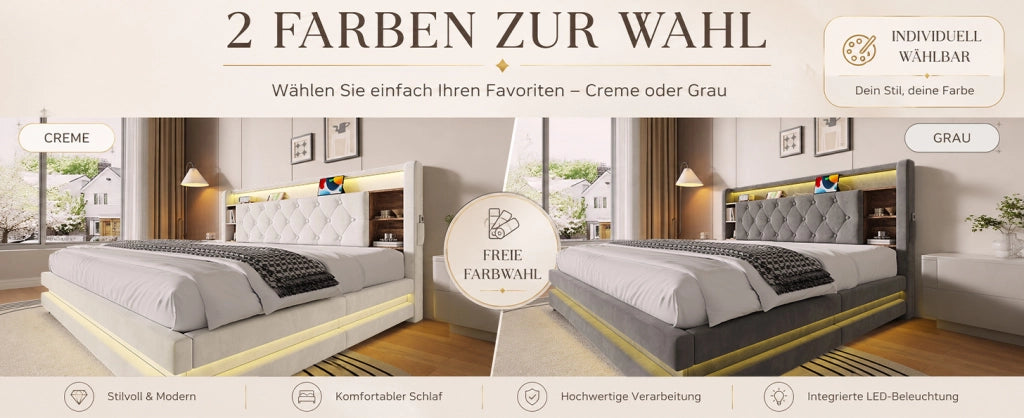 Letto contenitore imbottito 180x200 cm in velluto beige con testiera multifunzionale, LED, USB e tipo C