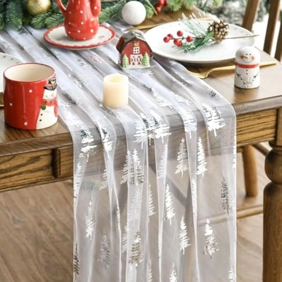 Tavolo da pranzo con albero di Natale in argento 70x300 cm, tovaglia di chiffon con glitter invernale per decorare tavola per festa in casa