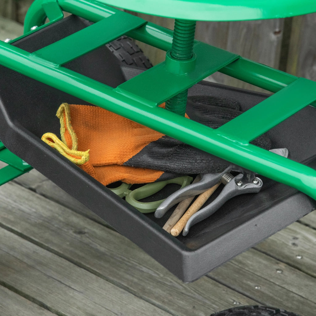 Sgabello da giardino girevole e regolabile in altezza ¨C zephmum ¨C Verde, metallo, con ruote e ripiano