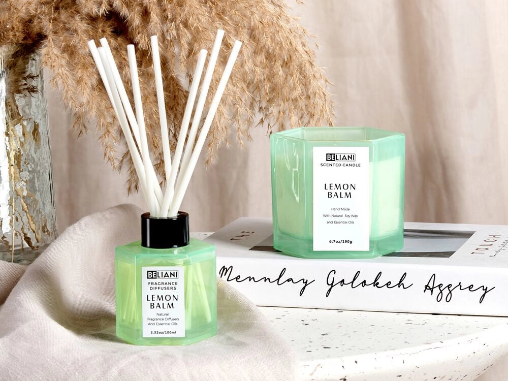 Set candela profumata in cera di soia 100% e diffusore con bastoncini, stoppino di cotone, vetro profumo fresco melissa