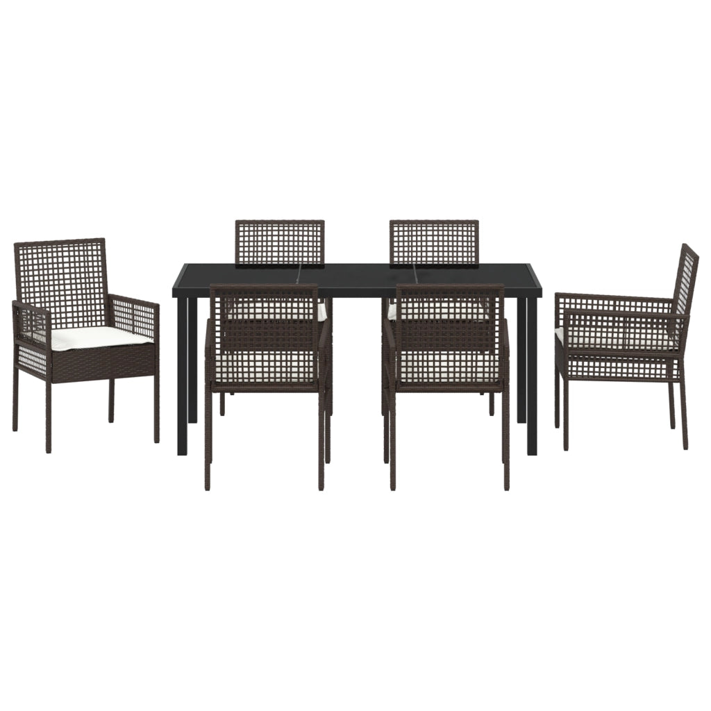 Set da Pranzo per Giardino 7 Pezzi con Cuscini Marrone in Rattan Sintetico