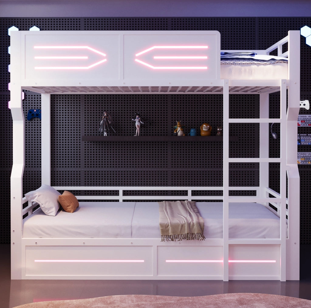Letto a castello con scala dritta e LED 90x200 cm in MDF e metallo; bianco