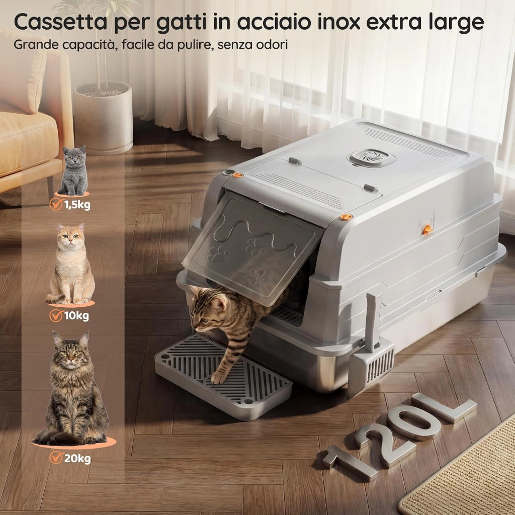 Lettiera Gatto Acciaio Inox, Lettiera Chiusa Acciaio Inox XXXL, Toilette Per Gatti 3 In 1, Con Set Deodorante E Paletta, Per Gatti Fino A 20 Kg，Grigio Chiaro
