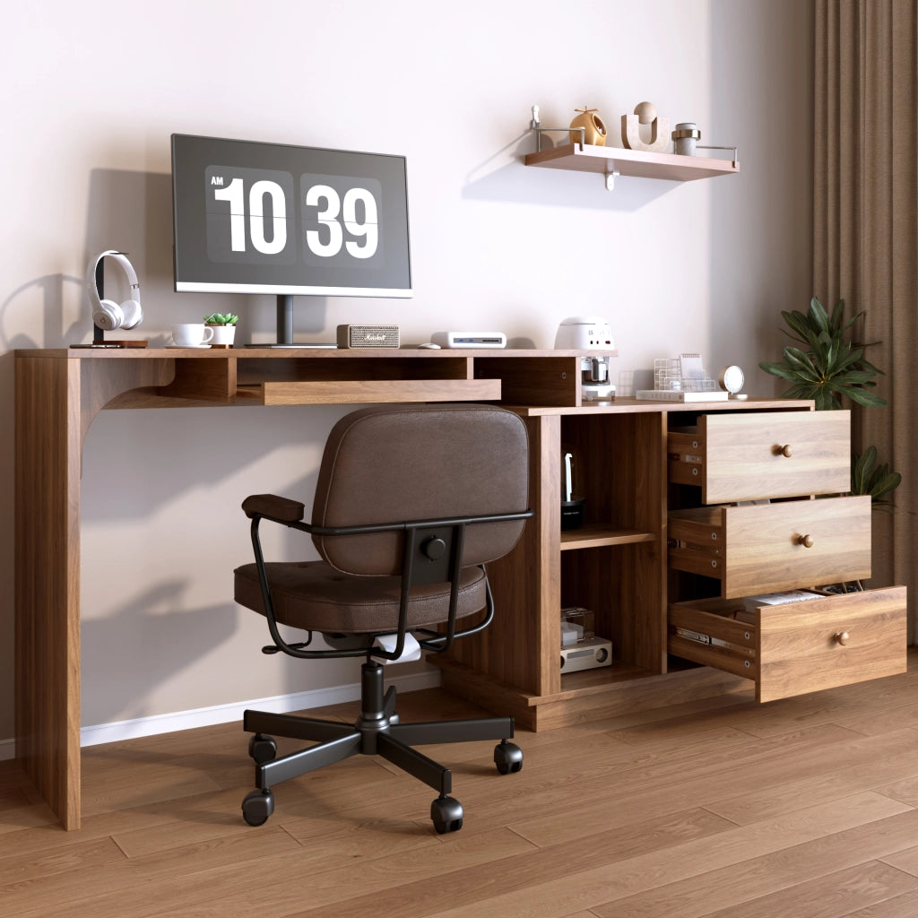 Scrivania con piano estraibile; 2 vani e 3 cassetti - per studio - in MDF - noce