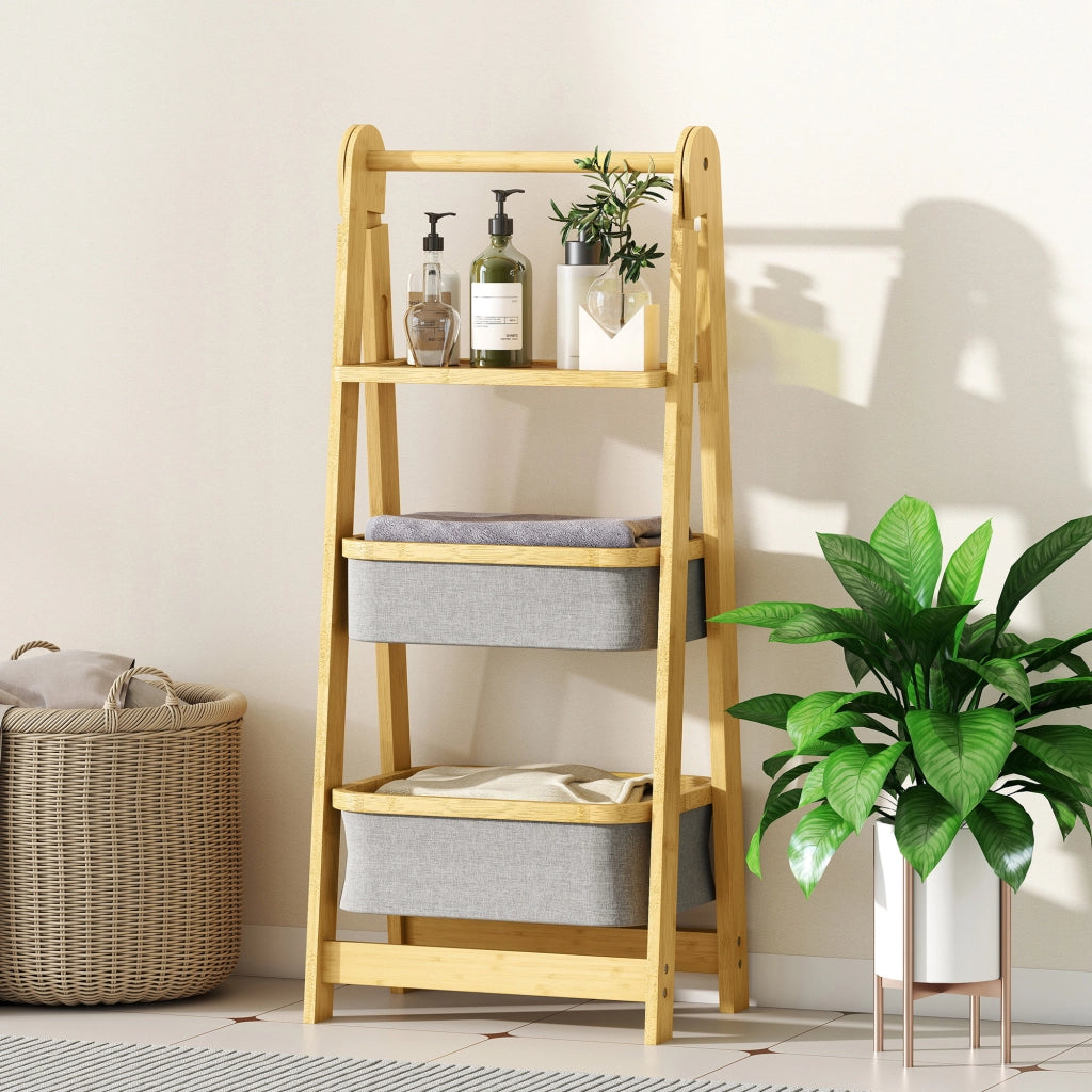 Ripiano Pieghevole per Bagno in Bamb¨´ con 2 Cestini per Biancheria ¨C zephmum ¨C Grigio 40x30x40 cm