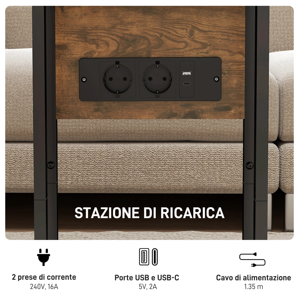 Tavolino da Salotto a C Espandibile 39x29x57 cm con 2 Stazioni di Ricarica in Legno e Metallo Nero e Marrone