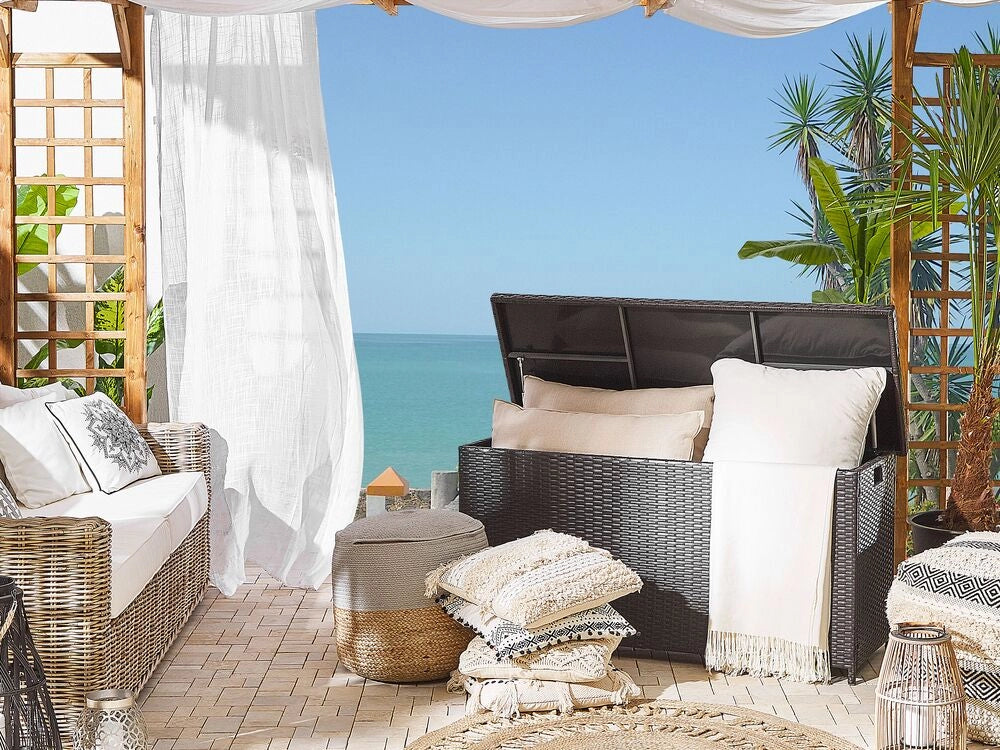 Cesta baule portaoggetti da esterno Marrone finto rattan Cuscino per esterni da giardino Cassapanca 126 x 46 cm