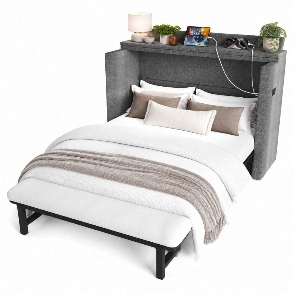 Letto armadio 140 x 200 con cassetto, USB e Type-C, grigio