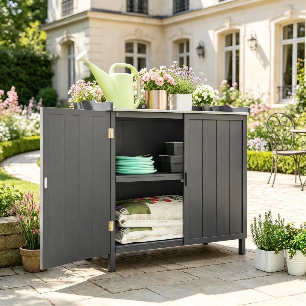 Armadio da giardino 2 in 1 in legno e metallo grigio con doppia porta e ripiano 98 × 48 × 95,5 cm