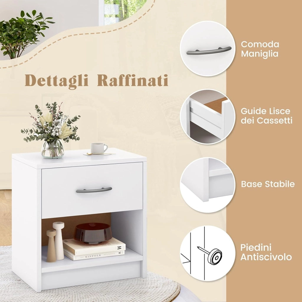 COSTWAY Comodino 38,5 x 28 x 40,5cm in Legno, Tavolino Salvaspazio con Scomparto Aperto e Casseto per Soggiorno e Camera da Letto (Bianco)