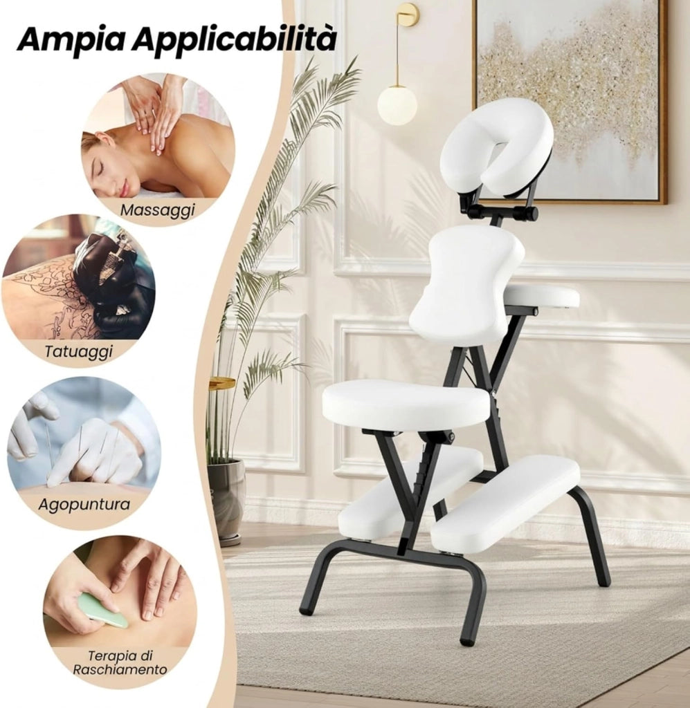 Sedia da Massaggio Pieghevole e Leggera, per Viaggi Tatuaggi e SPA, Sedia da Massaggio con Altezza Regolabile con Poggiatesta e Borsa da Trasporto (Bianco)