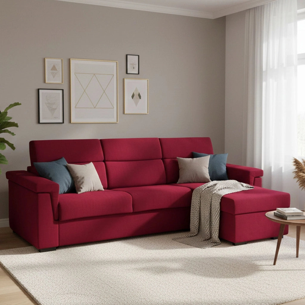 Esca, Divano Letto con Penisola Sfoderabile Made in Italy, 285x160 cm Rosso