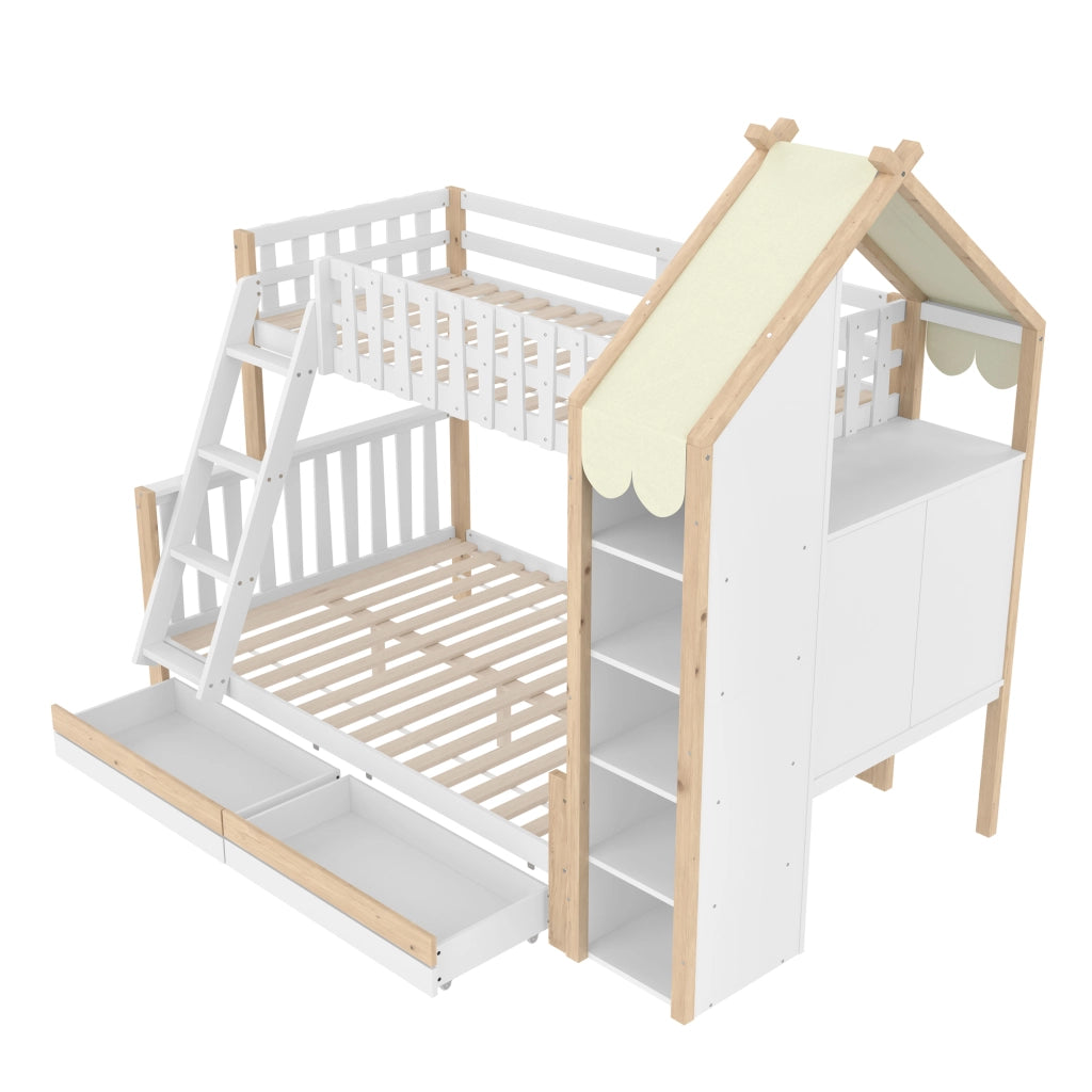 Letto a Castello 140x200 cm e 90x200 cm; 2 Schubladen; Mensole; in Legno; Bianco Naturale