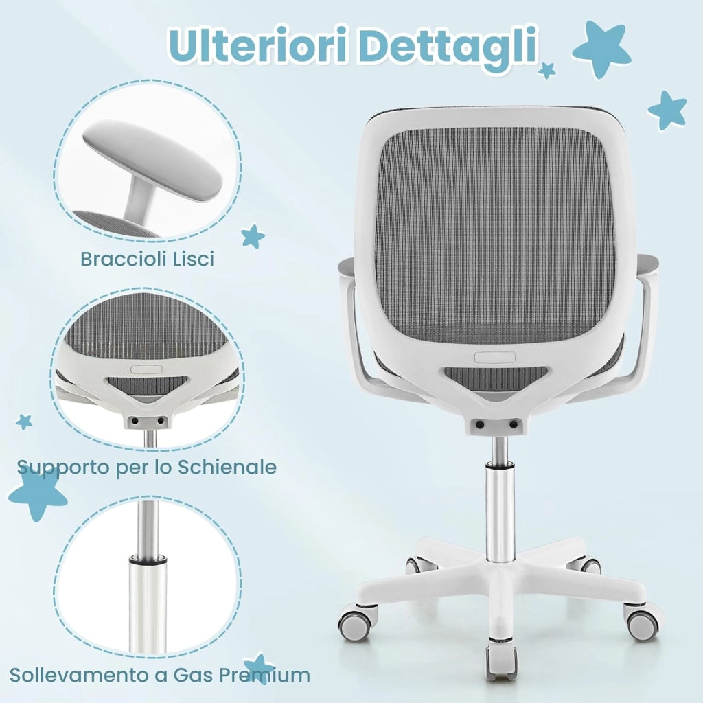 Sedia da Scrivania per Bambini, Sedia Girevole per Computer con Altezza Regolabile, Ruote con Freno, Braccioli Morbidi, Mobile Ergonomica per Bambini 6-15 Anni (Grigio, Rullo di Pressione)