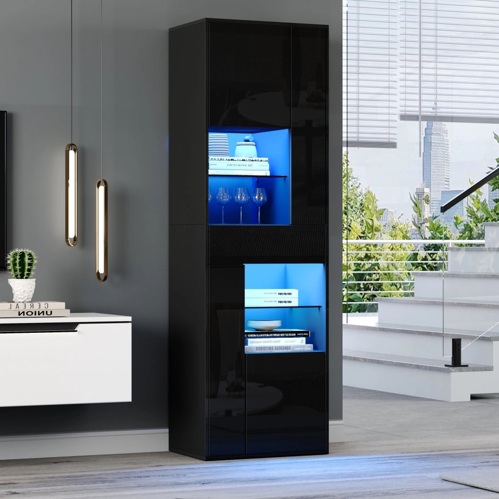 Vetrina con LED 1 cassetto 4 ante 11 vani ripiani regolabili finitura lucida per soggiorno nero 55 × 38 × 170 cm