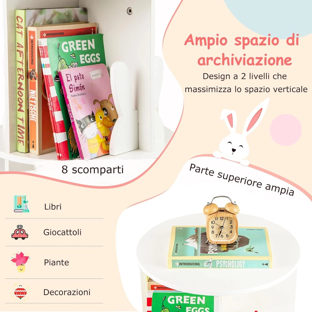 Libreria Girevole per Bambini, Scaffale Moderna in Legno a 2 Ripiani, Libreria Salvaspazio per Soggiorno, Camera da Letto e Studio, 40 x 65 cm (Bianco)