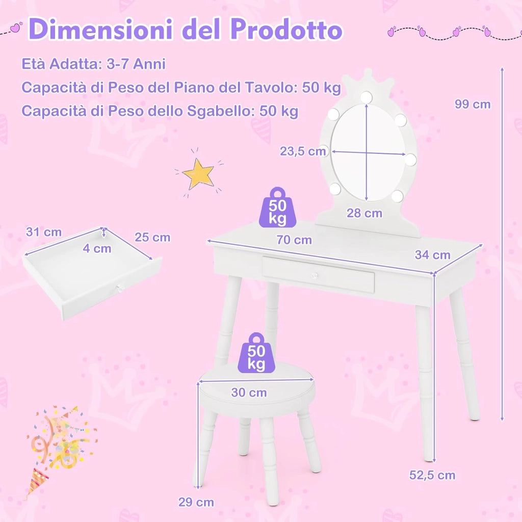Set Toeletta Trucco per Bambina con Sgabello, Specchiera Trucco Staccabile con Luci LED a 3 Colori, Postazione Trucco Giocattolo con Cassetto e Accessori, per Bambine di 3-7 Anni (Bianco)