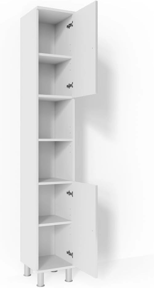 Mobile bagno alto Fynn, Bianco lucido, 30 x 190 cm, per la conservazione di articoli da bagno e asciugamani