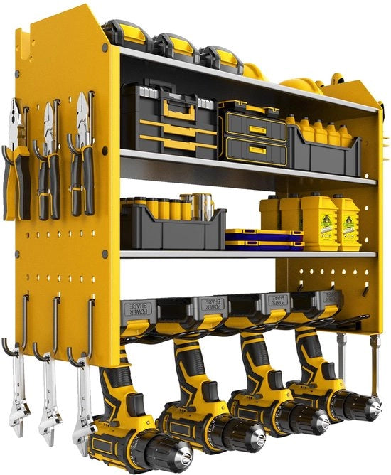 Supporto per attrezzi a 4 livelli per parete, magazzino di attrezzi per 4 elettroatti, supporto per schlagbohrschrauber per garage e officina (giallo)