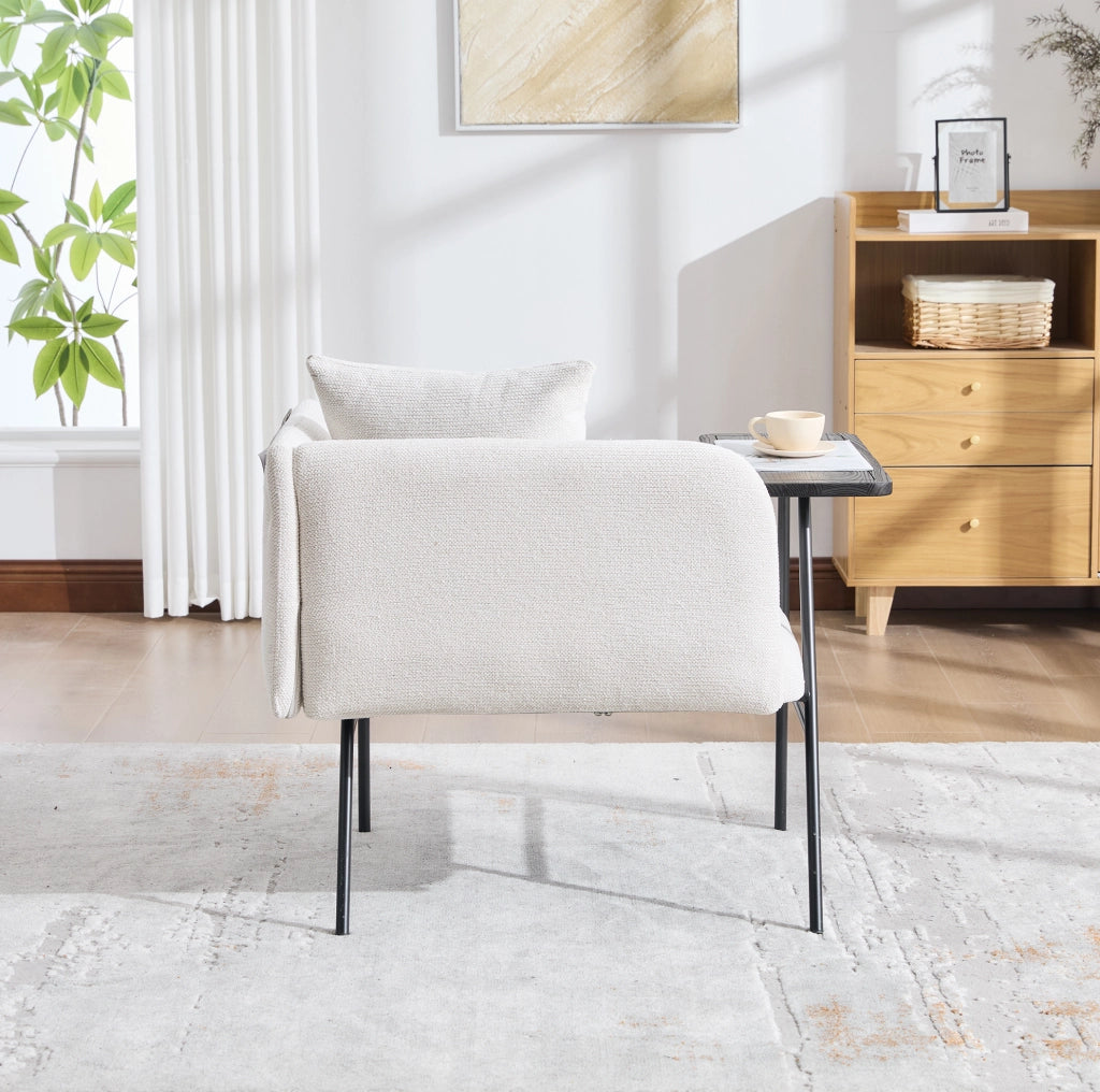 Poltrona relax in ciniglia beige con tavolino e tasche laterali