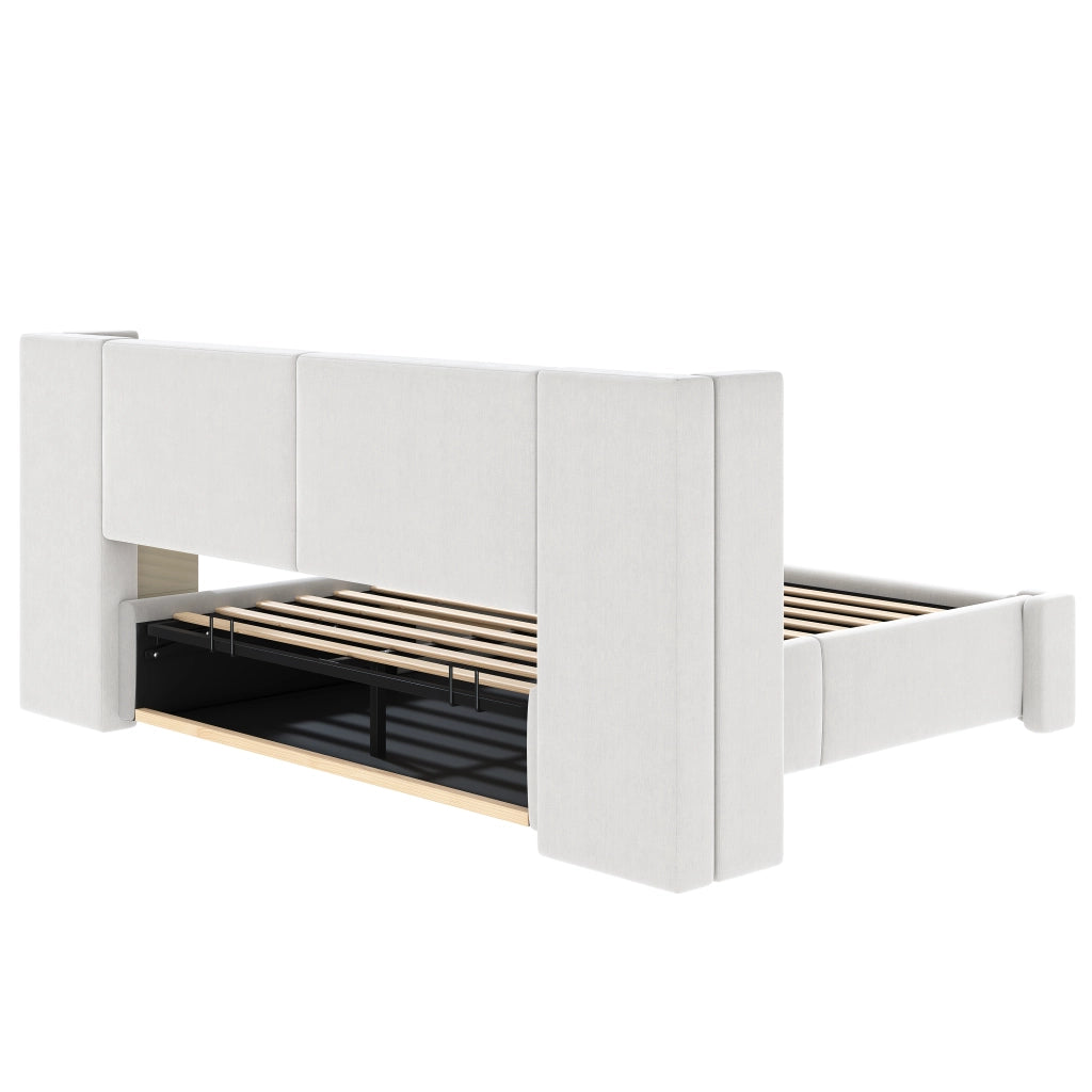 Letto contenitore 140x200 cm beige con LED e sollevamento idraulico in lino