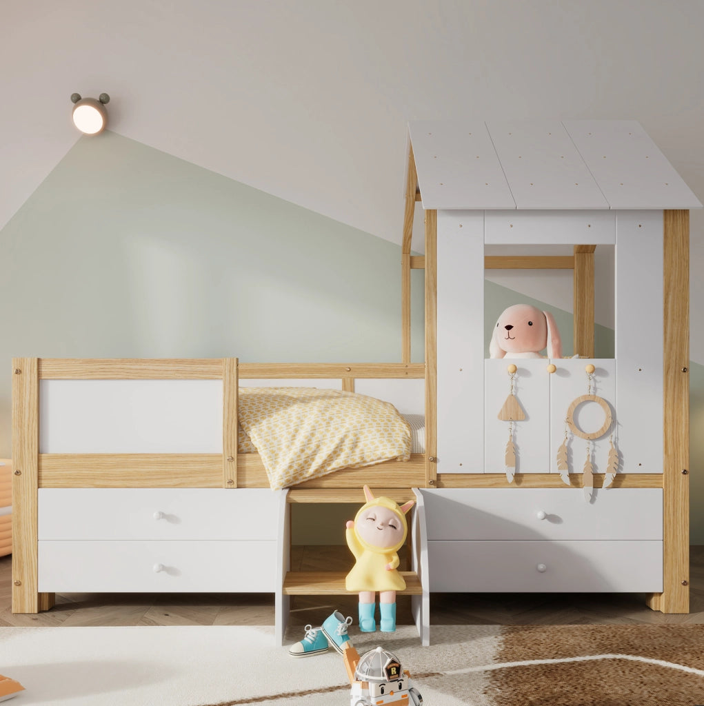 Letto per bambini a casetta semialto con 4 cassetti e scaletta 90x200 cm
