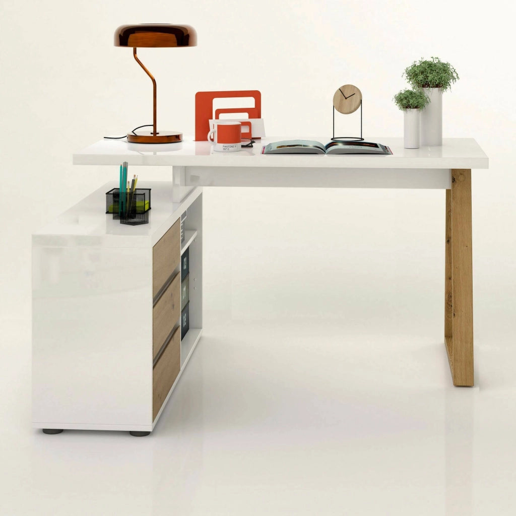 Hachette, Scrivania 3 Cassetti Made in Italy, 135x75x120h cm Bianco Lucido