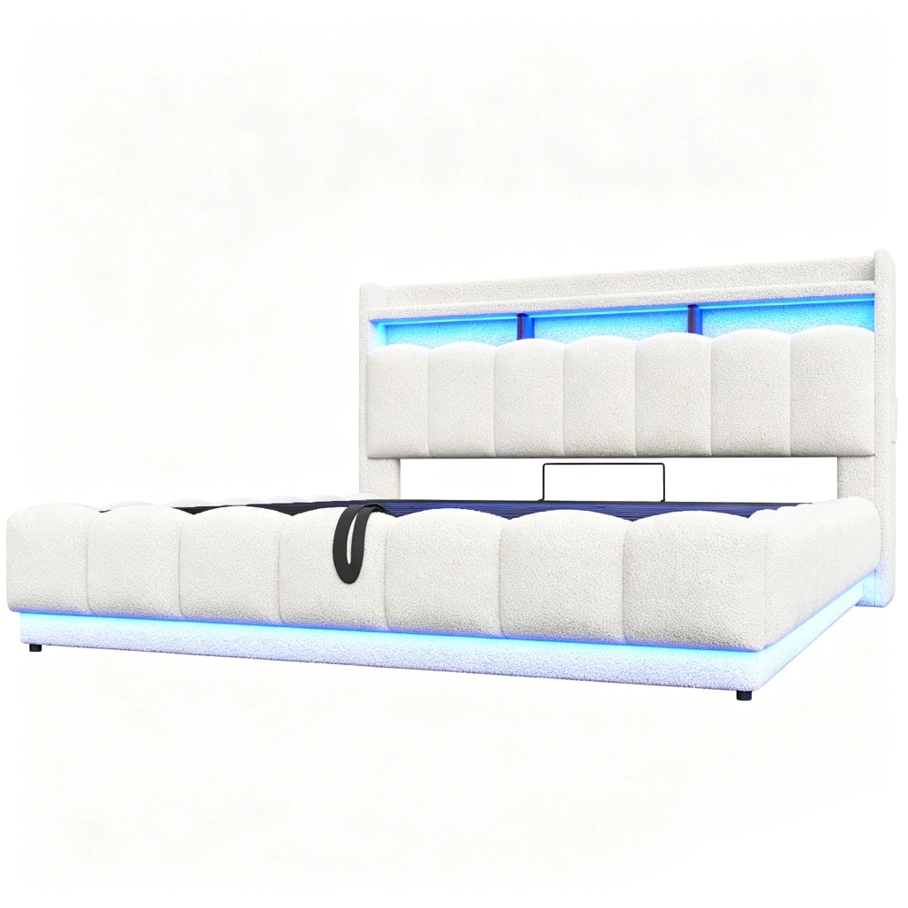 Letto matrimoniale 180x200 imbottito bianco con contenitore idraulico; LED e USB