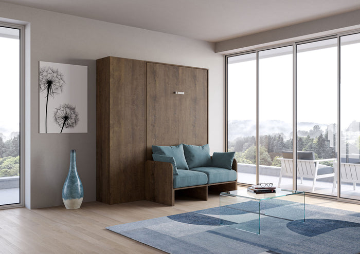 Letto Una Piazza E Mezzo A Scomparsa 120 Kentaro Con Divano E Colonna Noce e Azzurro