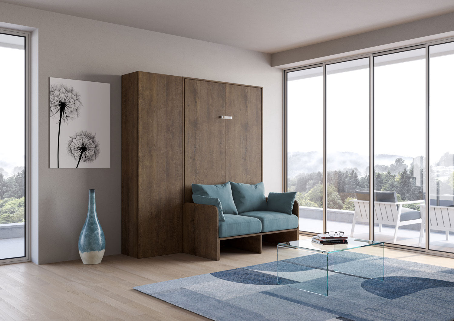 Letto Matrimoniale Francese A Scomparsa 140 Kentaro Con Divano E Colonna Noce e Azzurro