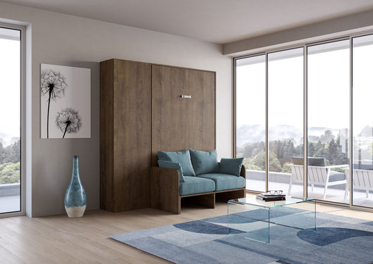 Letto Matrimoniale Francese A Scomparsa 140 Kentaro Con Divano E Colonna Noce e Azzurro