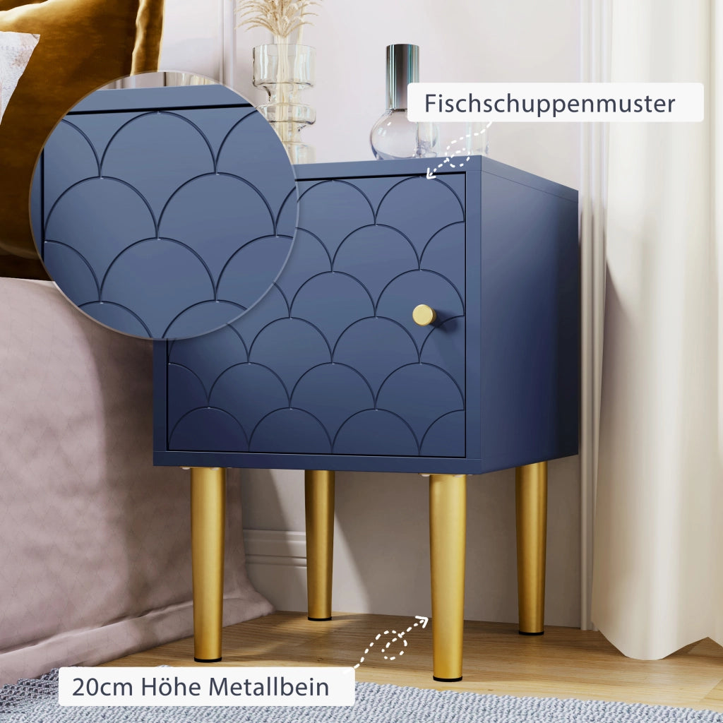 Comodino con 1 anta, motivo a squame di pesce, per camera da letto, in truciolare e metallo, blu marino, 35 × 35 × 51 cm