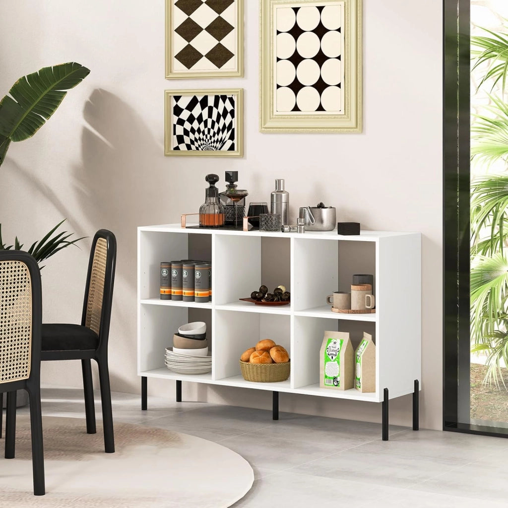 Libreria a 3 ripiani, scaffale aperto in legno con 6 cubi con gambe in metallo, mobile autoportante con ripiano regolabile, per studio, soggiorno, casa, ufficio, bianco