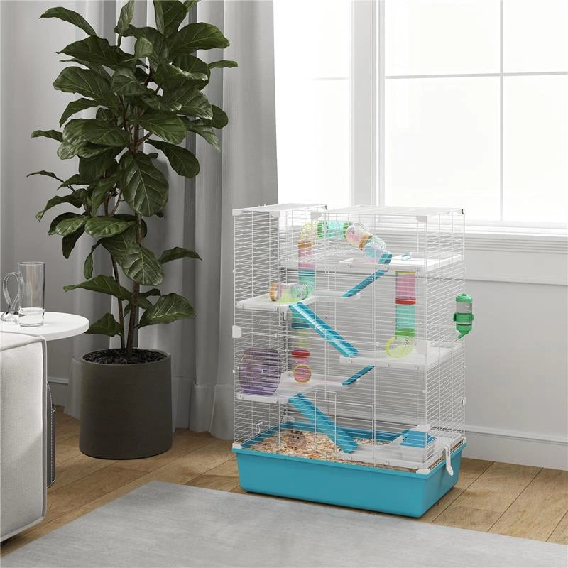 GABBIA PER CRICETI 6 LIVELLI CON TUNNEL RUOTA RAMPE CASETTA BOTTIGLIA E CIOTOLA 58X36X81 CM AZZURRO