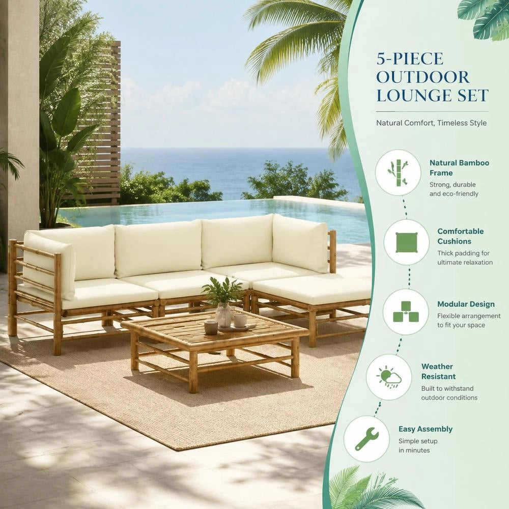 5-piece Garden Lounge Set With Cream-white Bamboo Cushions